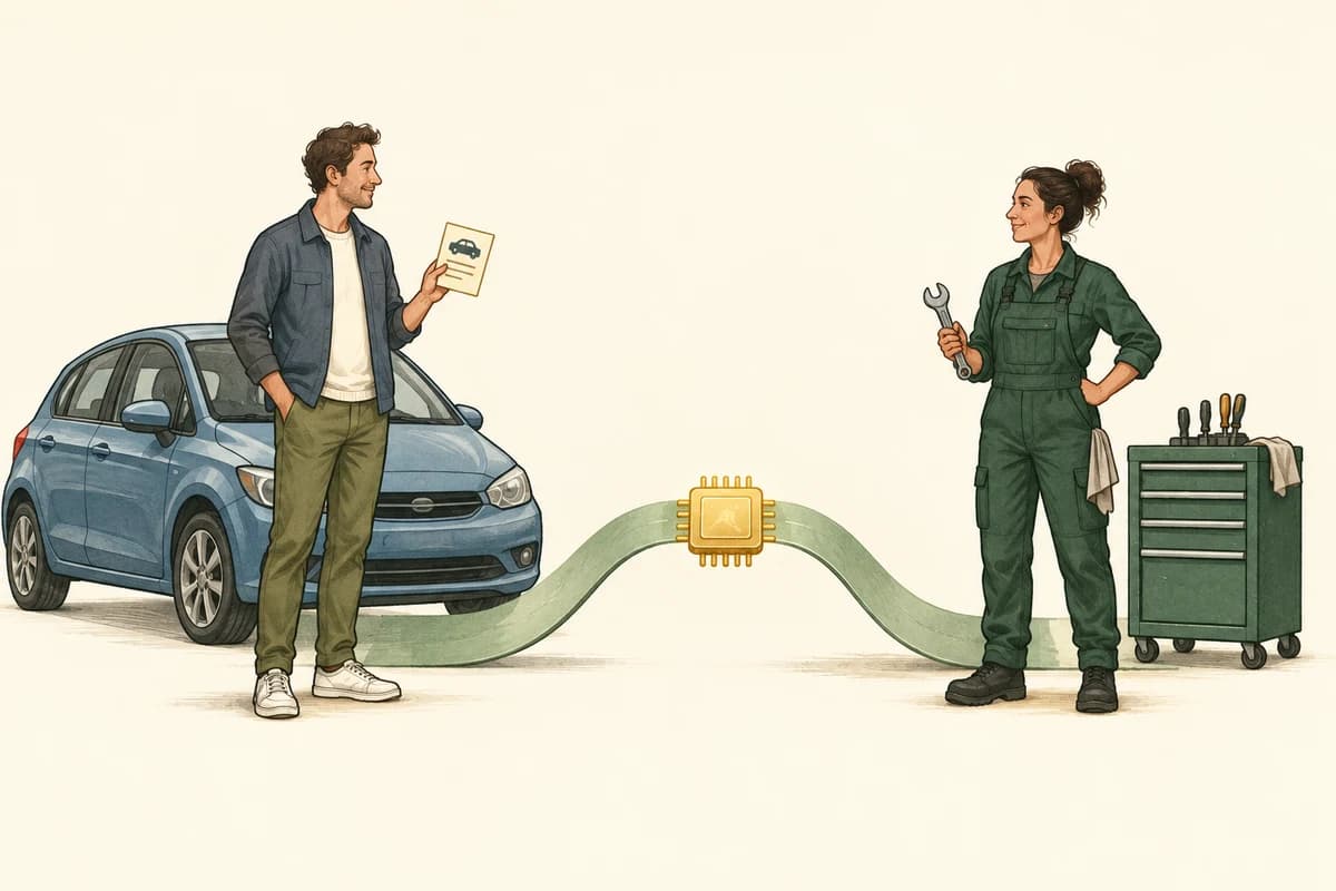 A vehicle owner holding a repair request and a professional mechanic with a wrench stand at opposite ends of a green bridge, with a small gold AI chip as the connecting tool.