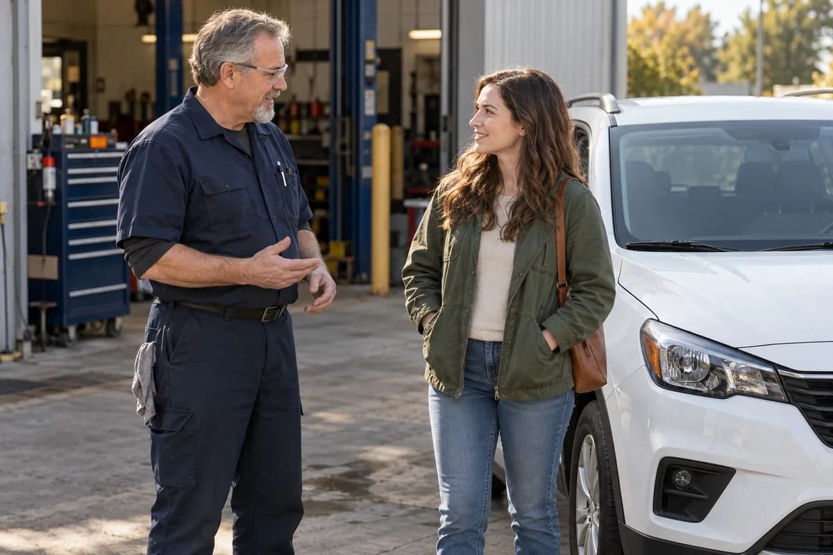 Mechanic and owner discussing a repair beside a white SUV.