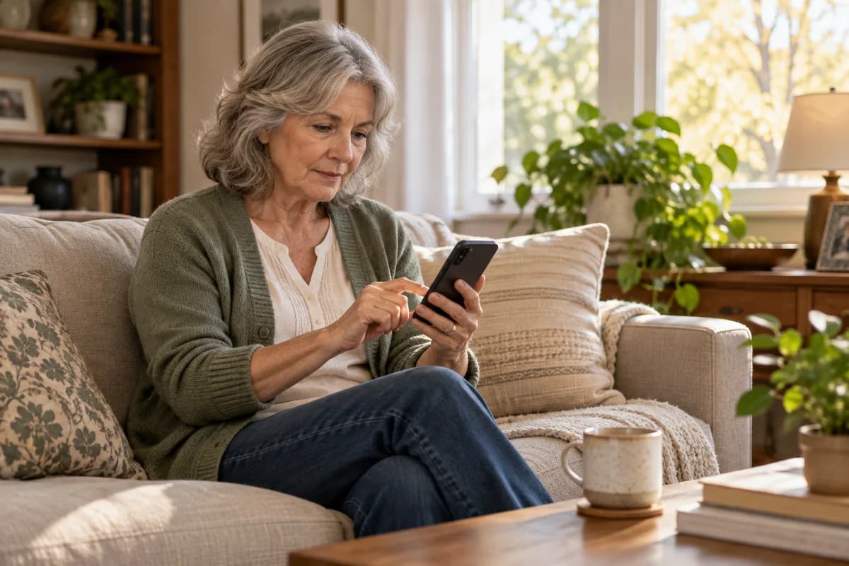 Older woman seated on a sofa at home reviewing repair quotes on her phone.