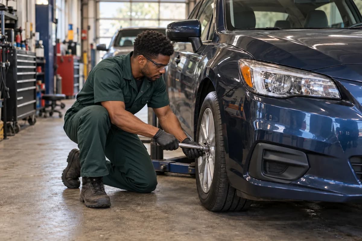 Young Black male mechanic working on a sedan's front wheel in a repair shop.