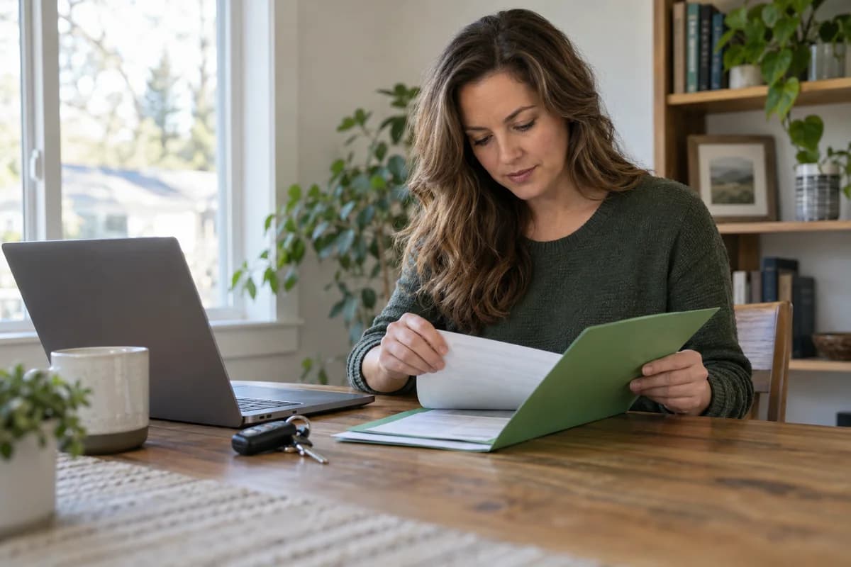 Vehicle owner opening a service folder at a home desk beside a laptop.