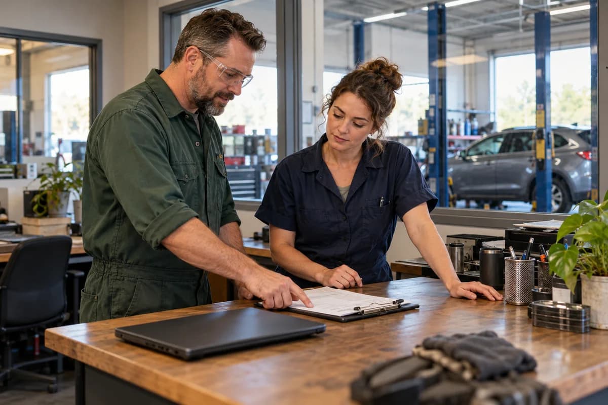 Two mechanics planning the workday together in an office.