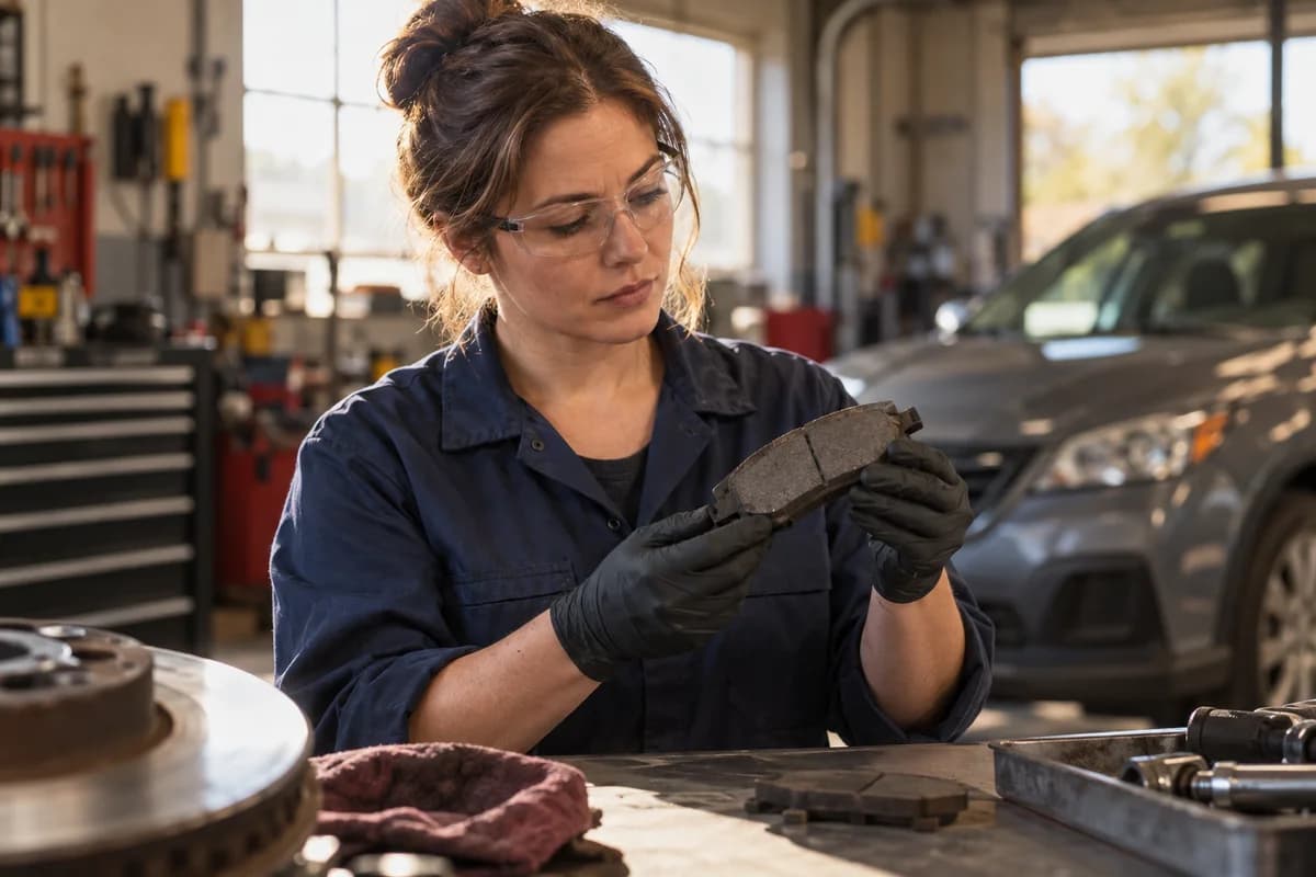 Mechanic inspecting a removed brake pad at a workshop bench.