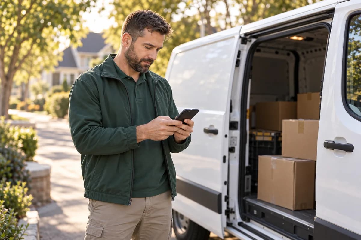 Male delivery driver using his phone to arrange a repair appointment beside his parked delivery van.