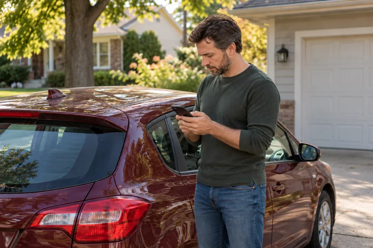 Man standing beside his parked burgundy hatchback and texting on his phone.