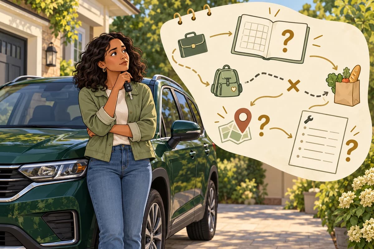 An owner holding her car key stands safely beside a parked car; an illustrated planner shows interrupted errands and questions about timing, service location and repair cost.