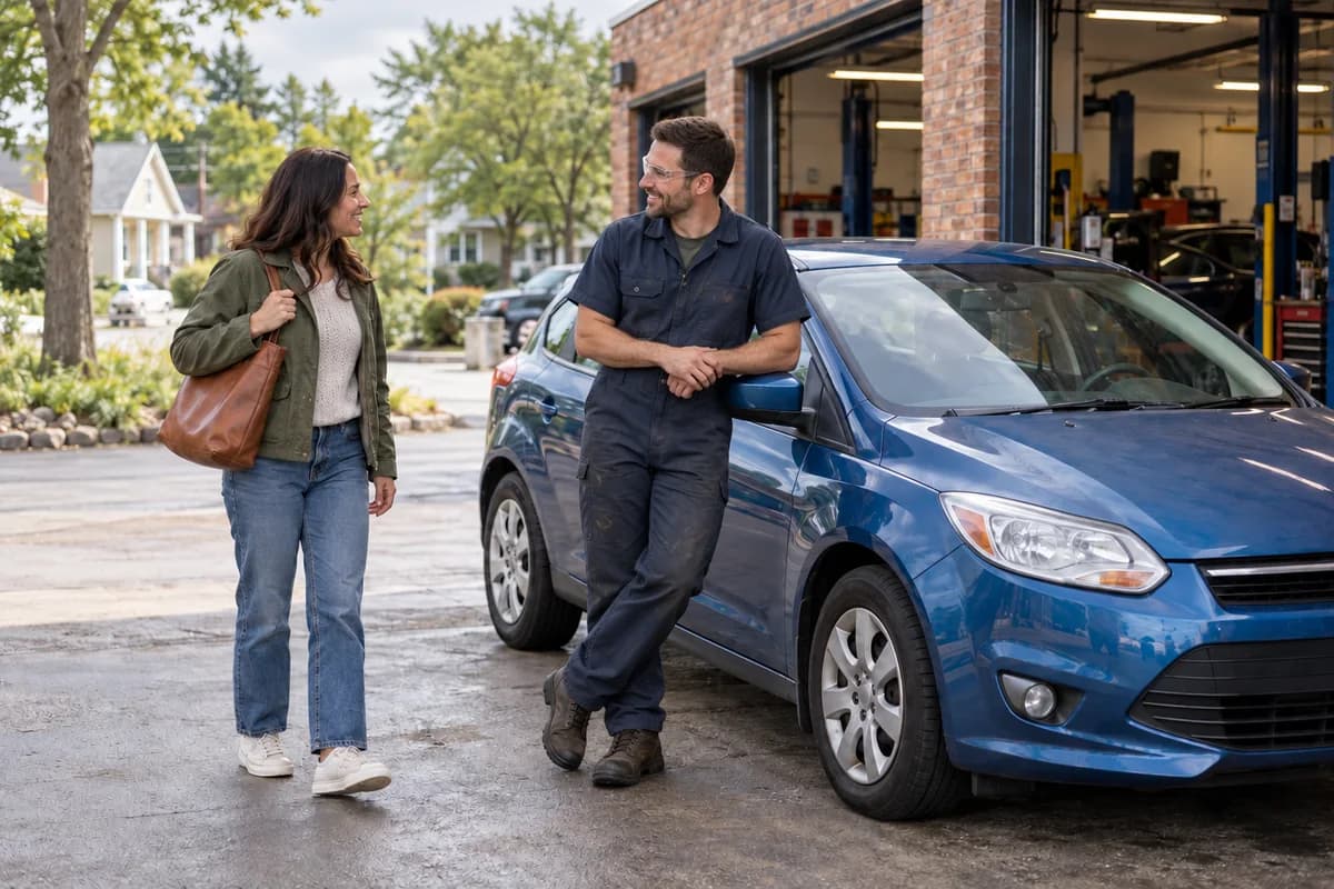 Male mechanic talking with a woman outside a neighborhood repair shop beside a blue hatchback.