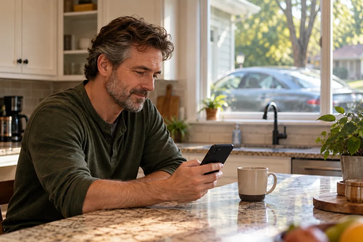 Middle-aged man with graying hair reading a repair conversation on his phone at a kitchen counter.
