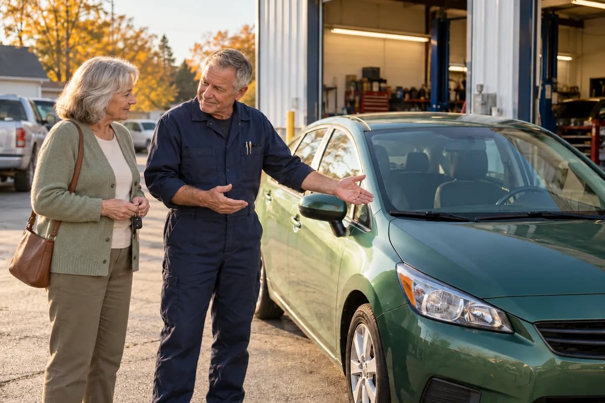 Older male mechanic explaining completed work to an older woman beside her green hatchback.