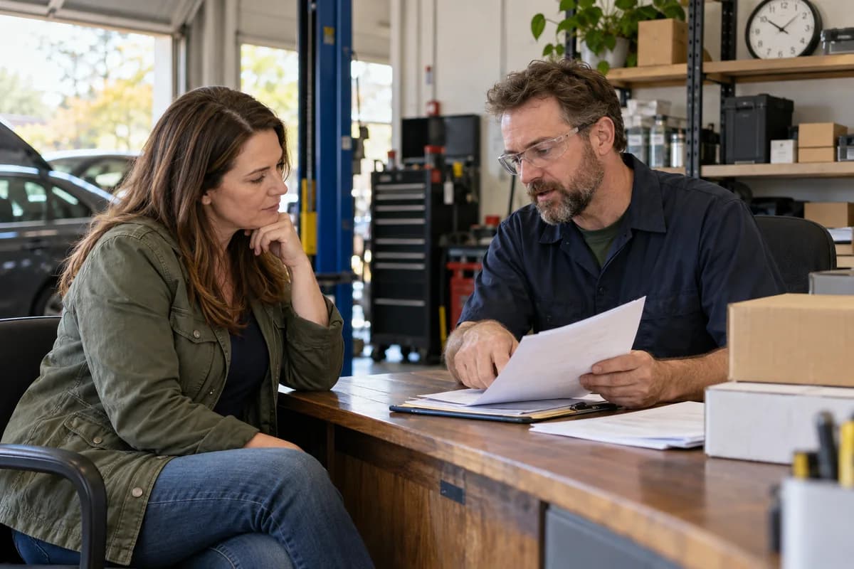 Mechanic and owner discussing a written repair proposal at a desk.