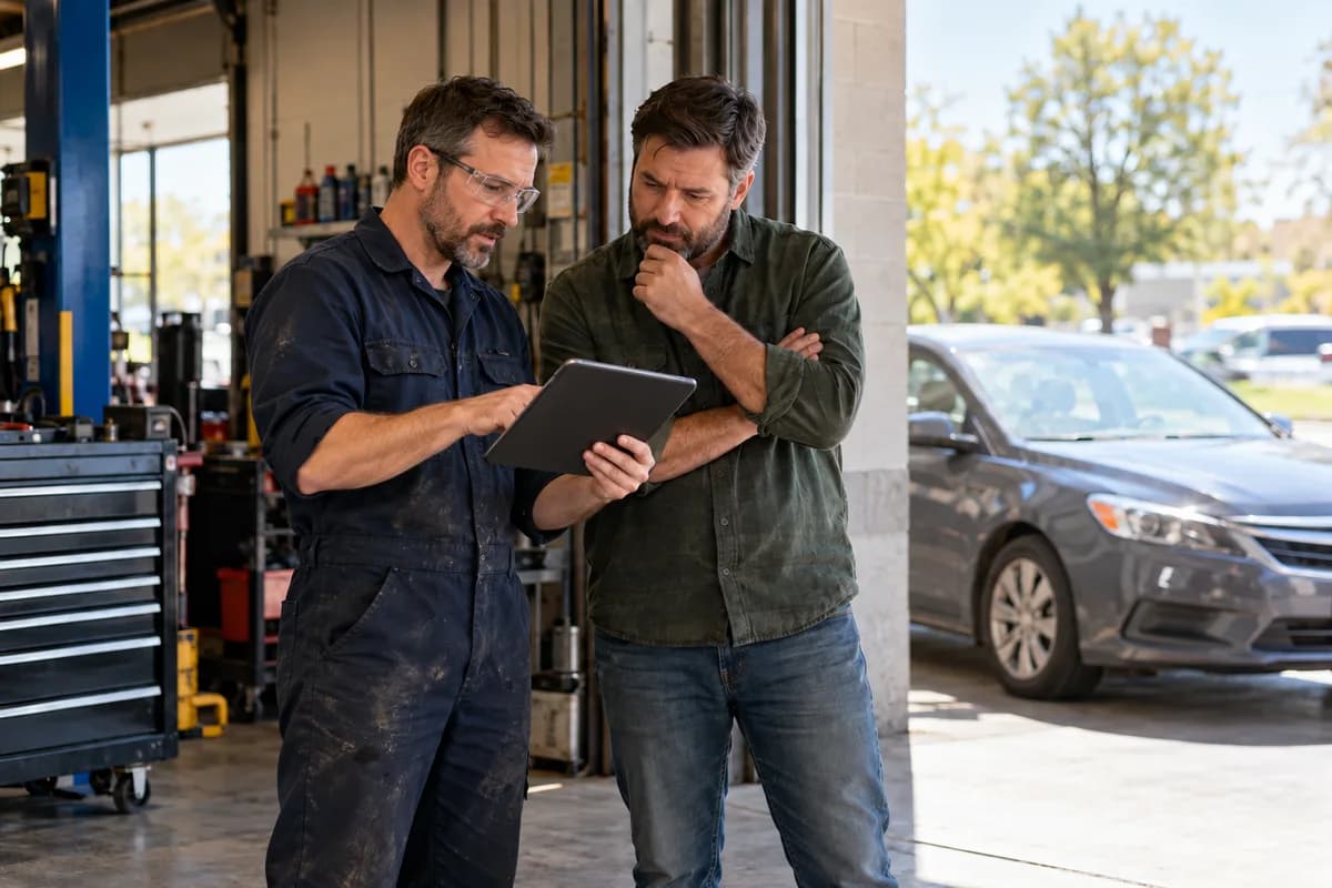Male mechanic explaining the next repair step to a customer using a tablet in a workshop doorway.